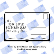 The logo for the Book Lover Postcard Swap over a pattern of little blue postcards